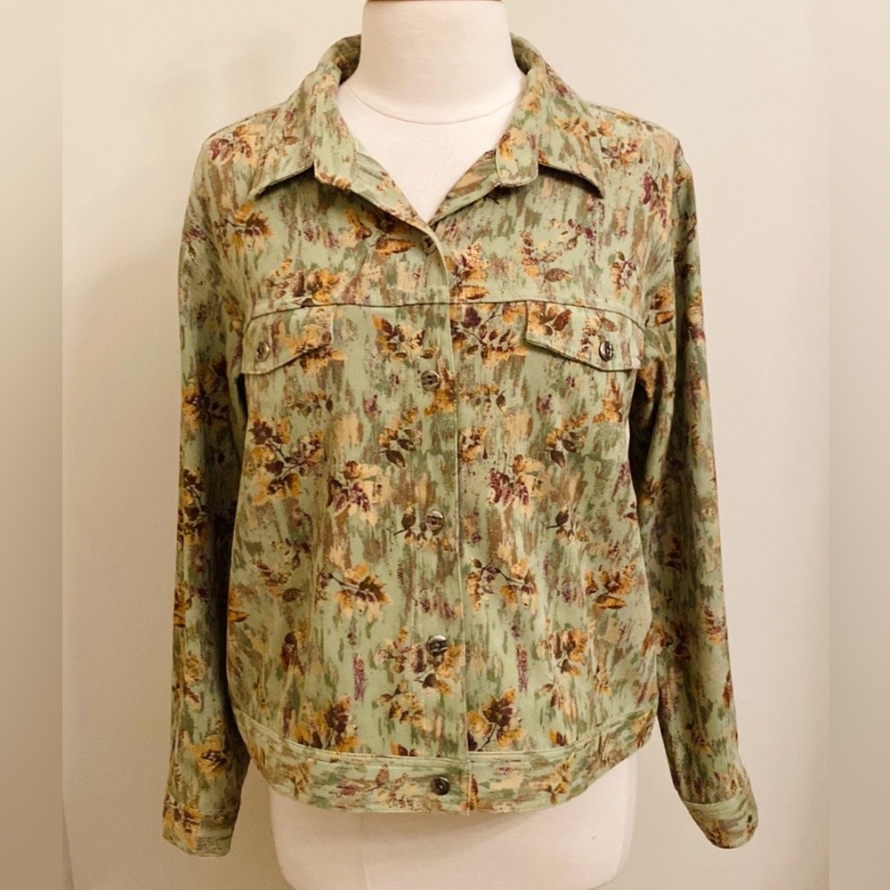 Christopher & Banks Stretch Green Brown Leaf L Cottagecore Grandma Chic Jacket